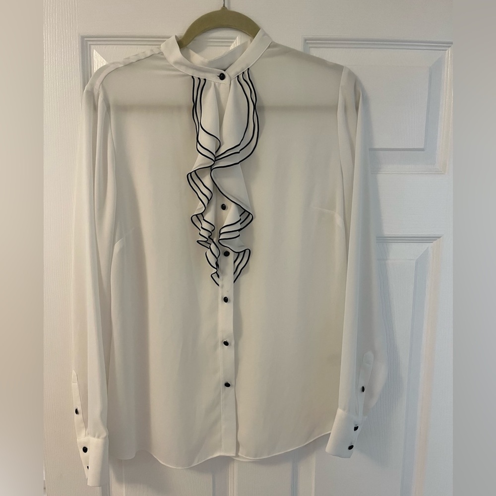 Button- UP White House Black Market Ruffle Front Long Sleeve Blouse